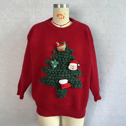 3D Flocking Christmas Tree Sweater Loose Round Neck Christmas Sweater Women