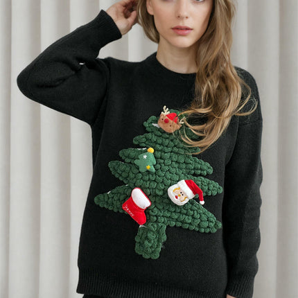 3D Flocking Christmas Tree Sweater Loose Round Neck Christmas Sweater Women