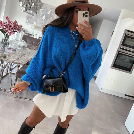 Women's Medium Turtleneck Pullover Lantern Sleeve Loose Style Knitted Sweater