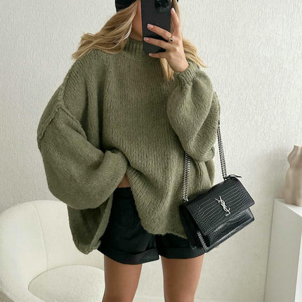 Women's Medium Turtleneck Pullover Lantern Sleeve Loose Style Knitted Sweater