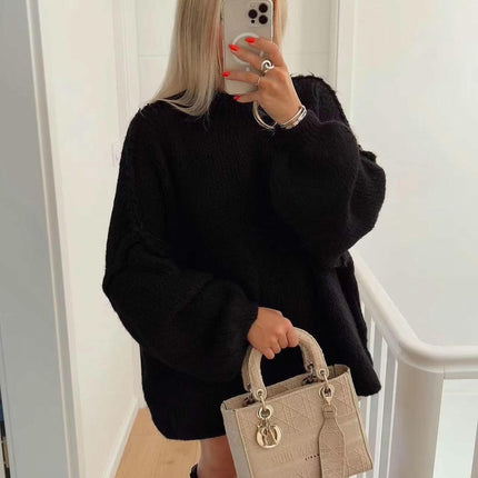 Women's Medium Turtleneck Pullover Lantern Sleeve Loose Style Knitted Sweater