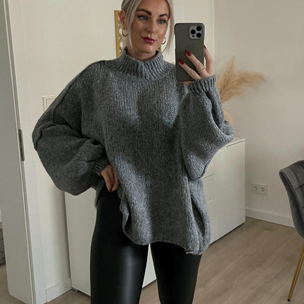 Women's Medium Turtleneck Pullover Lantern Sleeve Loose Style Knitted Sweater