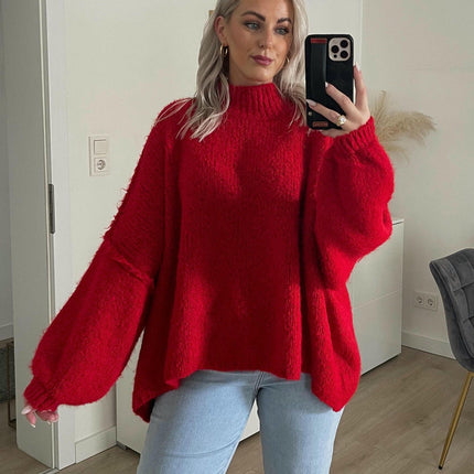Women's Medium Turtleneck Pullover Lantern Sleeve Loose Style Knitted Sweater
