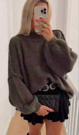 Women's Medium Turtleneck Pullover Lantern Sleeve Loose Style Knitted Sweater