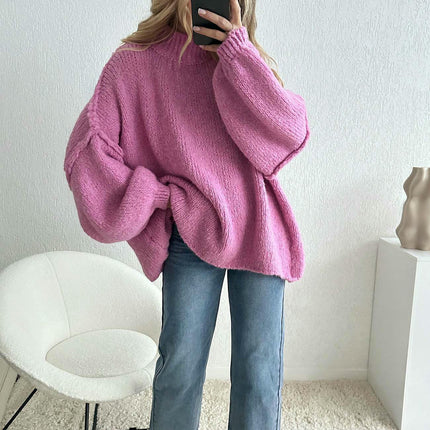 Women's Medium Turtleneck Pullover Lantern Sleeve Loose Style Knitted Sweater