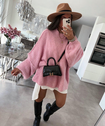 Women's Medium Turtleneck Pullover Lantern Sleeve Loose Style Knitted Sweater