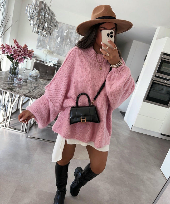 Women's Medium Turtleneck Pullover Lantern Sleeve Loose Style Knitted Sweater