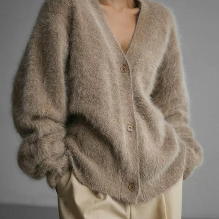Womens Winter Faux Mink Knitted Cardigan Loose Long Sleeve V-Neck Sweater Jacket