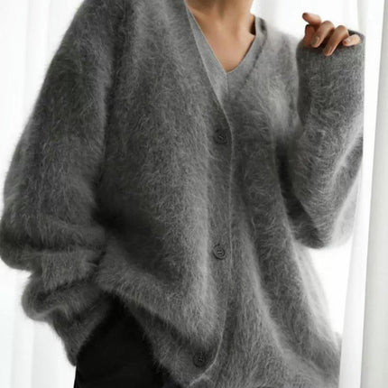 Womens Winter Faux Mink Knitted Cardigan Loose Long Sleeve V-Neck Sweater Jacket