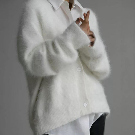 Womens Winter Faux Mink Knitted Cardigan Loose Long Sleeve V-Neck Sweater Jacket
