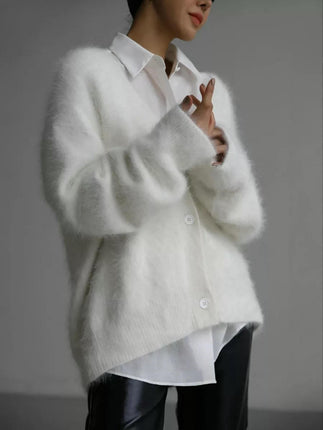 Womens Winter Faux Mink Knitted Cardigan Loose Long Sleeve V-Neck Sweater Jacket
