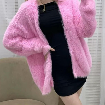 Womens Winter Faux Mink Knitted Cardigan Loose Long Sleeve V-Neck Sweater Jacket