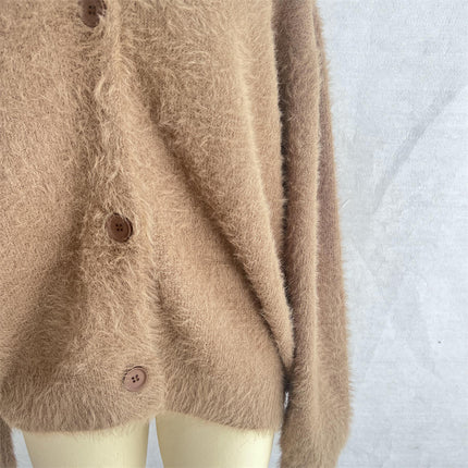 Womens Winter Faux Mink Knitted Cardigan Loose Long Sleeve V-Neck Sweater Jacket