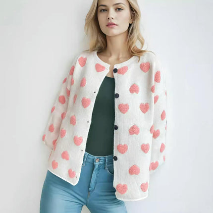 Women's 3D Heart Long Sleeve Cardigan Loose Casual Button Sweater Jacket