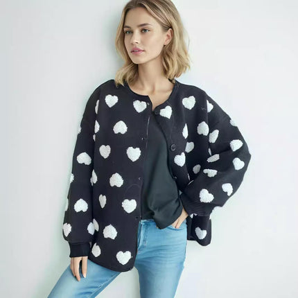 Women's 3D Heart Long Sleeve Cardigan Loose Casual Button Sweater Jacket