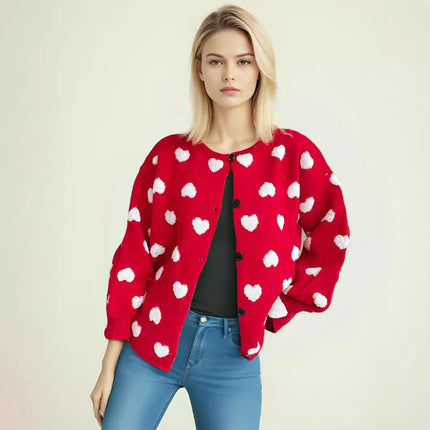 Women's 3D Heart Long Sleeve Cardigan Loose Casual Button Sweater Jacket
