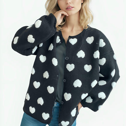 Women's 3D Heart Long Sleeve Cardigan Loose Casual Button Sweater Jacket