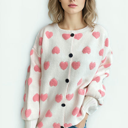 Women's 3D Heart Long Sleeve Cardigan Loose Casual Button Sweater Jacket