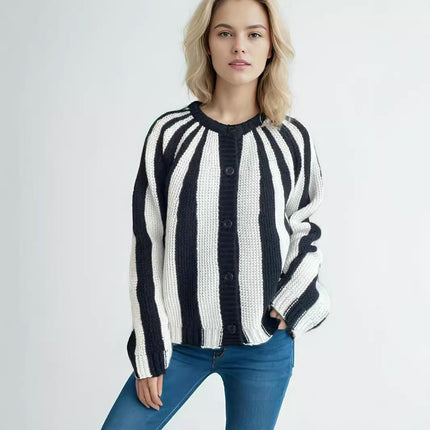 Women's Vertical Striped Colorblock Cardigan - Long Sleeve Button Knitted Jacket