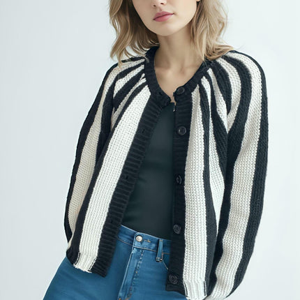 Women's Vertical Striped Colorblock Cardigan - Long Sleeve Button Knitted Jacket