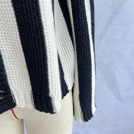 Women's Vertical Striped Colorblock Cardigan - Long Sleeve Button Knitted Jacket