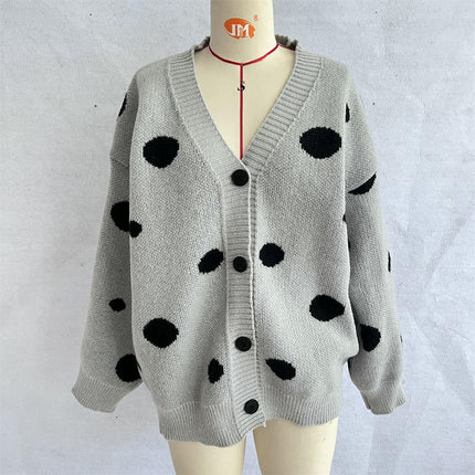 Women's Large Polka Dot Jacquard Knit Cardigan V-Neck Button Sweater Jacket