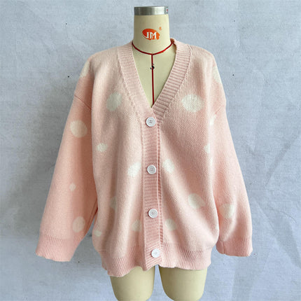 Women's Large Polka Dot Jacquard Knit Cardigan V-Neck Button Sweater Jacket