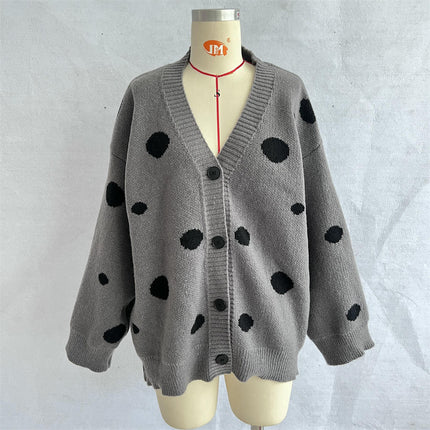 Women's Large Polka Dot Jacquard Knit Cardigan V-Neck Button Sweater Jacket