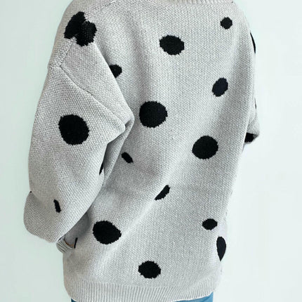 Women's Large Polka Dot Jacquard Knit Cardigan V-Neck Button Sweater Jacket