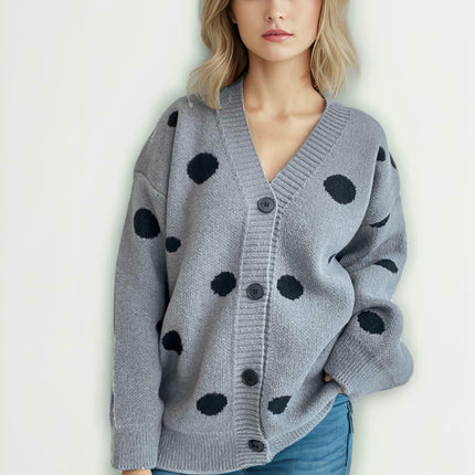 Women's Large Polka Dot Jacquard Knit Cardigan V-Neck Button Sweater Jacket