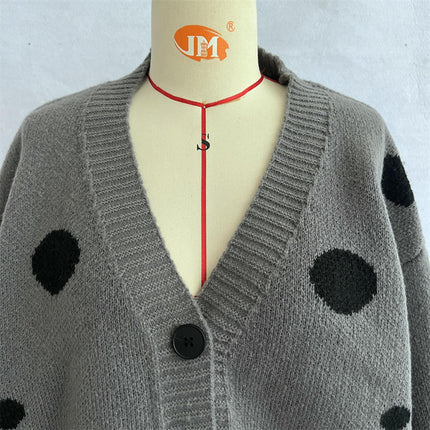 Women's Large Polka Dot Jacquard Knit Cardigan V-Neck Button Sweater Jacket