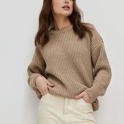 Loose Chunky Knit Pullover-Solid Color Round Neck Long Sleeve Sweater for Women