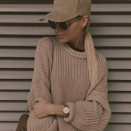 Loose Chunky Knit Pullover-Solid Color Round Neck Long Sleeve Sweater for Women