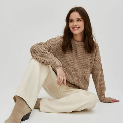 Loose Chunky Knit Pullover-Solid Color Round Neck Long Sleeve Sweater for Women