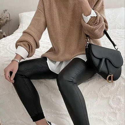 Loose Chunky Knit Pullover-Solid Color Round Neck Long Sleeve Sweater for Women