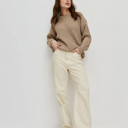 Loose Chunky Knit Pullover-Solid Color Round Neck Long Sleeve Sweater for Women