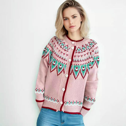 Women's Retro Print Knitted Cardigan Loose Casual Sleeve Button Sweater Jacket