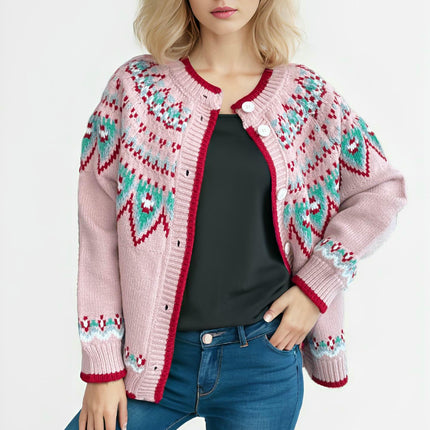 Women's Retro Print Knitted Cardigan Loose Casual Sleeve Button Sweater Jacket
