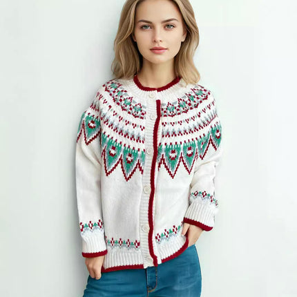 Women's Retro Print Knitted Cardigan Loose Casual Sleeve Button Sweater Jacket