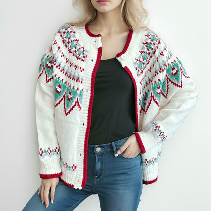 Women's Retro Print Knitted Cardigan Loose Casual Sleeve Button Sweater Jacket