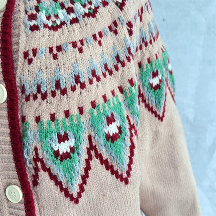 Women's Retro Print Knitted Cardigan Loose Casual Sleeve Button Sweater Jacket