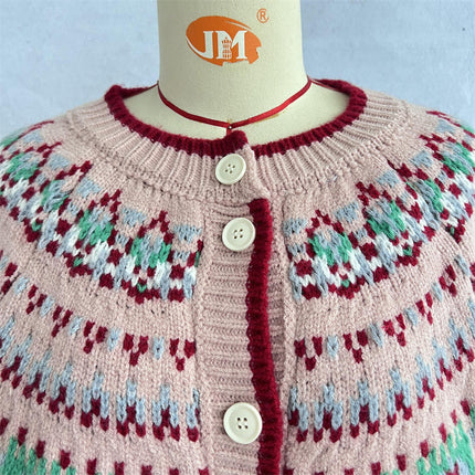 Women's Retro Print Knitted Cardigan Loose Casual Sleeve Button Sweater Jacket