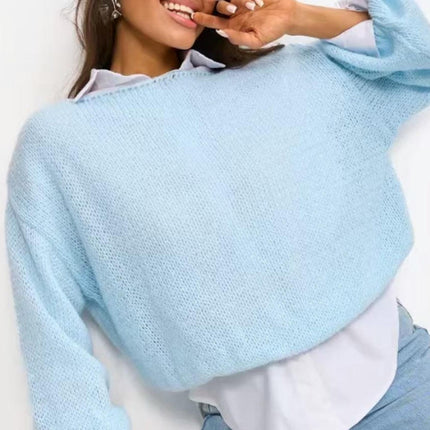 Womens Solid Color Pullover Knitted Sweater Loose Casual Long Sleeve Sweater Top