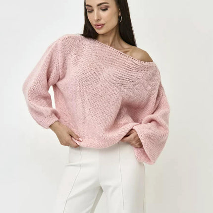 Womens Solid Color Pullover Knitted Sweater Loose Casual Long Sleeve Sweater Top