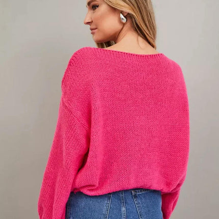 Womens Solid Color Pullover Knitted Sweater Loose Casual Long Sleeve Sweater Top