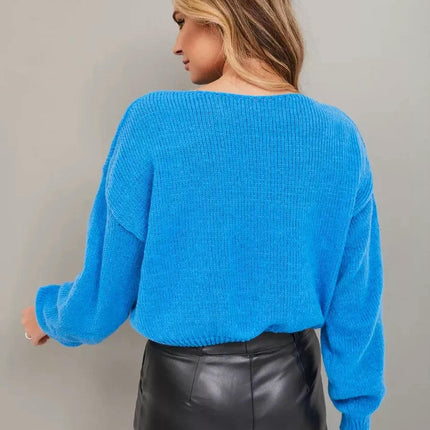Womens Solid Color Pullover Knitted Sweater Loose Casual Long Sleeve Sweater Top