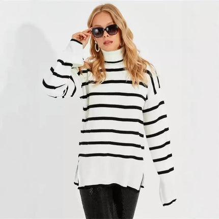 Women's Candy Stripe Contrast Turtleneck Side Slit Knit Pullover Sweater