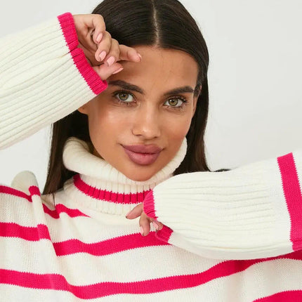 Women's Candy Stripe Contrast Turtleneck Side Slit Knit Pullover Sweater