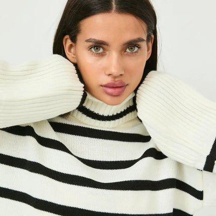 Women's Candy Stripe Contrast Turtleneck Side Slit Knit Pullover Sweater