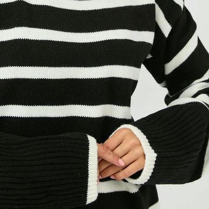 Women's Candy Stripe Contrast Turtleneck Side Slit Knit Pullover Sweater